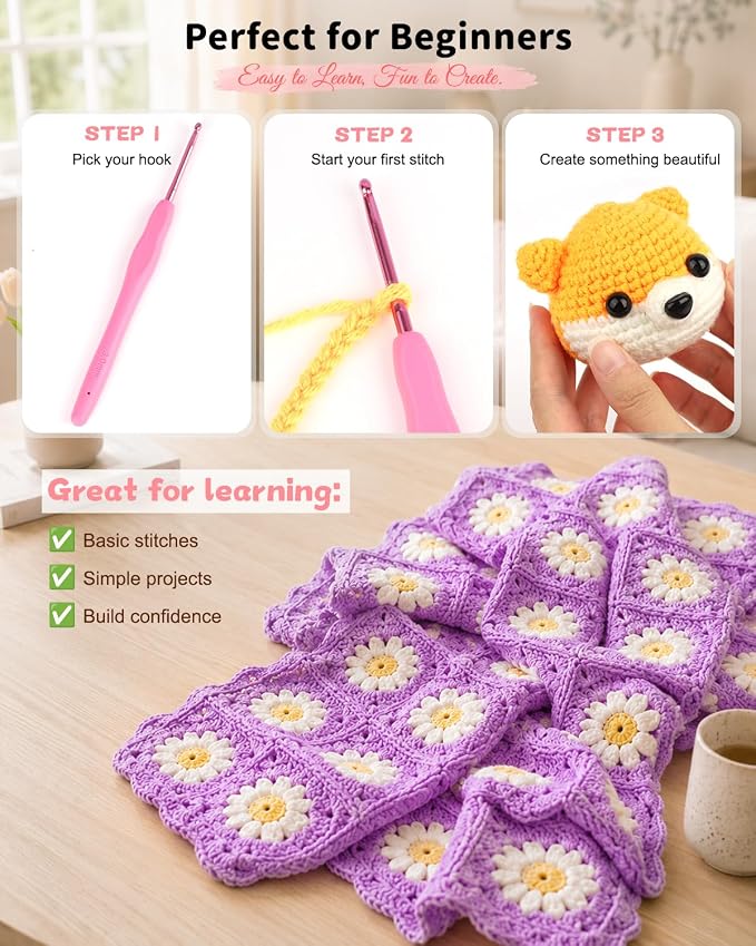 Aeelike Crochet Kit for Beginners, 59pcs Crochet Starter Kits with Yarn, Ergonomic Hooks & Storage Case, Learn-to-Crochet Set for Adults, Kids & Seniors, Ideal DIY Craft Gift for Women