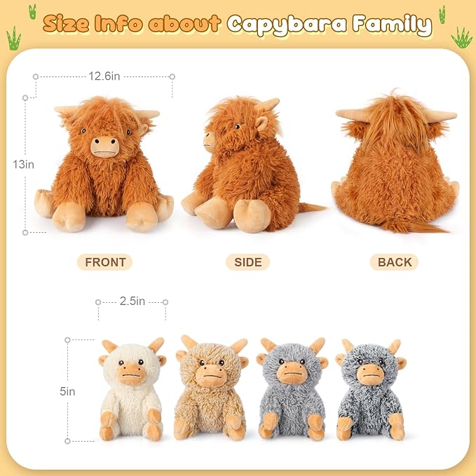 SuzziPals 5-in-1 Highland Cow Stuffed Animals with Babies Inside, 5PC Set Highland Cow Plush Mommy & 4 Babies, Soft Plushies Decor, Cute 3 to 8 Year Old Girl Gifts, Imaginative Play Toy (Cows)