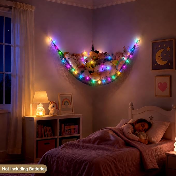 Unicorn Castle Stuffed Animals Net or Hammock Kids Toy Storage Organizer with LED Light Hanging Corner Stuffed Animals Holder Kids Girls Room Decor,Black,Large (Pack of 1)
