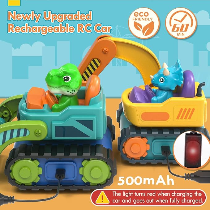 Lehoo Castle Construction Toys, 2 Pack Remote Control Car for Toddlers 1-3, Rechargeable Excavator Toy Bulldozer Toys for 2 Year Old Boy, 3 Year Old Boy Toys