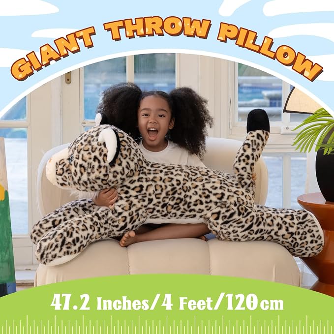 MorisMos Giant Cheetah Stuffed Animal Plush Pillow 4ft, 47" Extra Large Plush Cheetah Toy for Kids & Adults, Realistic Leopard for Christmas Birthday, Big Safari Stuffed Animal for Jungle Party Decor