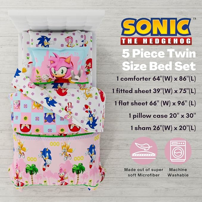 Sonic the Hedgehog Girl Anime Kids Bedding Super Soft Comforter and Sheet Set with Sham, 5 Piece Twin Size, (Official Licensed Product) By Franco