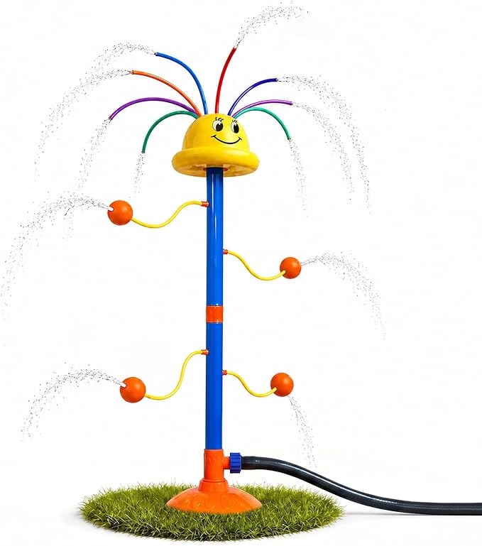 Water Sprinkler for Kids Ages 3-8, Smile Face Rainbow Outdoor Water Toy with 8 Wiggle Tubes and 4 Side Nozzles, Dancing Backyard Lawn Splash Game, Summer Yard Gift for Boys Girls