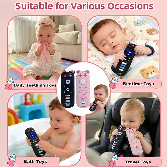 2Pcs Baby Teething Toys, BPA-Free Food Grade Silicone Baby Remote Control Teething Toy for 3-18 Months, Baby Remote Teether, Newborn Teething Relief TV Remote Pig Shaped Toy (Pig Black&Pink)