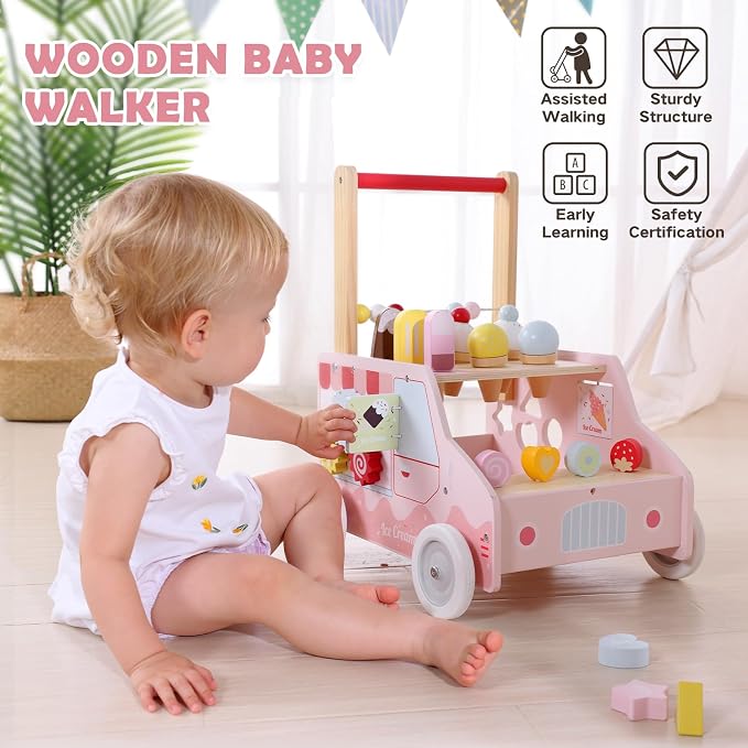 labebe Wooden Push Walker, Push Activity Walker for Kids 12M+, Multifunctional Ice Cream Cart Activity, Adjustable Speed Learning Walking with Wheels, Birthday Gift for Girls Boys Ages 1-3 (Pink)