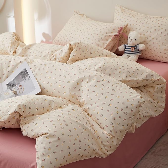 Botanical Floral Comforter Set Queen, Cute Colorful Flowers Pattern Cottagecore Comforter with 2 Bow Ties Pillowcases, Soft Lightweight Bedding Comforter for All Seasons Aesthetic Bedroom Decor