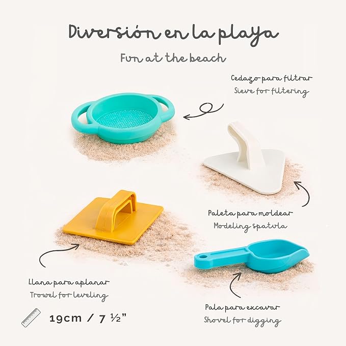Miniland Beach Essentials, Sand Toys, Outdoor Toys for Toddlers 1-3, Beach Toys for Toddlers 1-3, Outdoor Play for Beach Vacations and Pool Fun | ECO Construction Sand Set