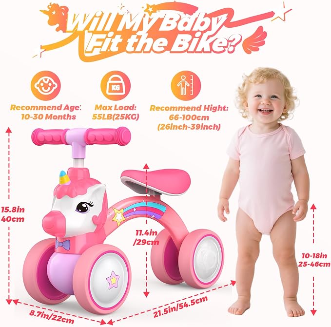 Unicorn Baby Balance Bike Ride on Toys for 1 2 Year Old, Toddler Bike, Birthday Gifts for 1 2 Year Old Girls, Colorful Lighting Silent Wheels, No Pedal, Safe Baby First Bike & Birthday Gift