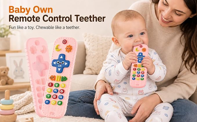 Baby Teething Toys Silicone Baby Remote Teether Over 3 Months - Baby Essentials Sensory Chew Toys - Baby Teether for Teething Relief - BPA Free Infant Toys Baby Shower Gifts (1, Pink)
