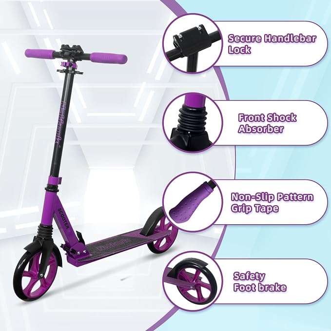 Nattork Kick Scooter for Kids 6+ Years Teens Adults - 220LB Weight Capacity, Front Shock Absorber and Adjustable Handlebar - Smooth Ride with 8" Sturdy Wheels, Ideal for Outdoor Sports