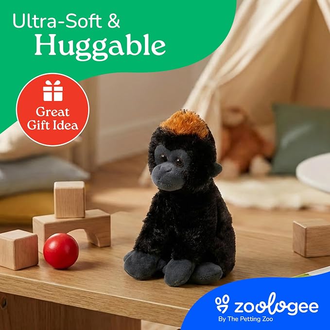 The Petting Zoo Gorilla Stuffed Animal Plushie, Gifts for Kids, Scoopz Wildlife Animals, Black Gorilla Plush Toy, 8 inches
