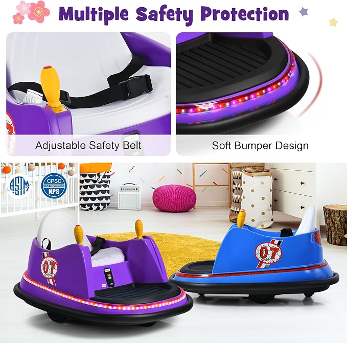 Costzon Bumper Car for Kids, 12V Electric Toddler Bumping Car with Remote Control, Dual Joysticks, 360 Spin, Music, Flashing Lights, Slow Star, Kids Bumper Car Ride on Toy for Boy Girl Gift (Purple)