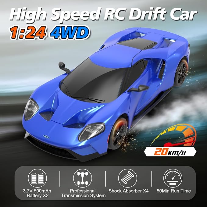 YONCHER RC Drift Car, Remote Control Car for Kids Ford GT Officially Licensed, 1:24 20KM/H 4WD with Lights, Fast Racing Toy Car for Boys Girls, Blue
