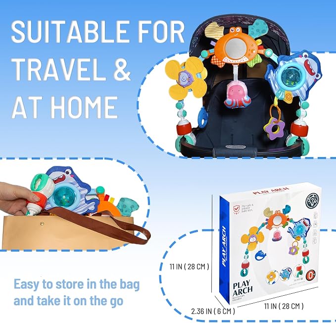 Adjustable Baby Stroller Arch Toy, Car Seat Toys for Infants 0 Months Bassinet Hanging Toy Bar Attachment with Mirror & Sound, Crib Comfort Gift for Birthday, Baby Shower