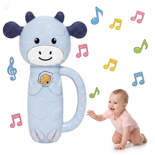 MooMoo Baby Musical Toy, 4‑in‑1 Light‑Up Sensory Toy & Teether for 3–24 Month Babies, BPA‑Free with Easy‑Grip Handle, Cute Cow‑Shaped Travel Toy for Car Seat & Stroller (Blue)