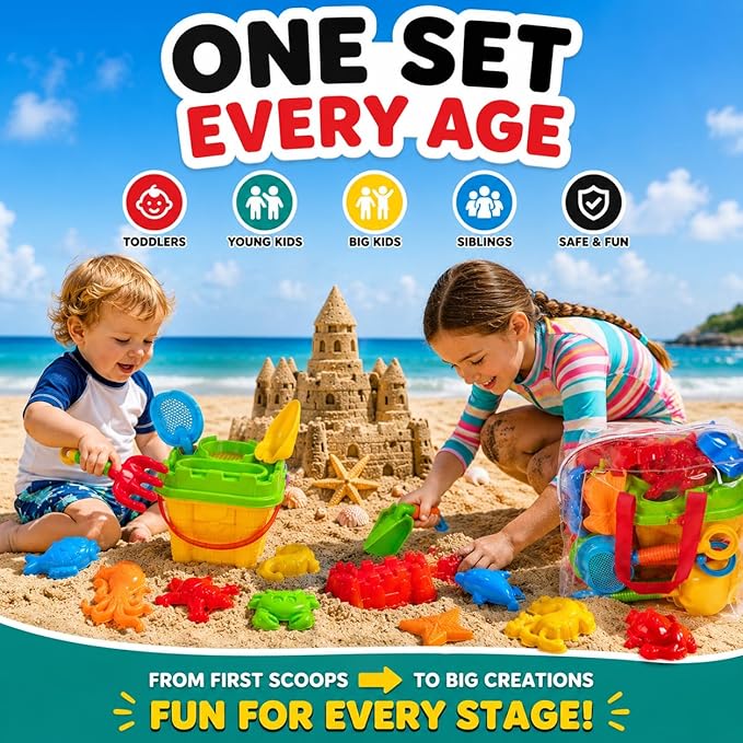 Beach Toys & Sand Toys for Kids Toddlers and Ages 4-12 — 23 Piece Sandbox Toys Set with Reusable Storage Bag, Sand Castle Building Kit, Animal Molds, Shovels, Rake, Sifter & Watering Can