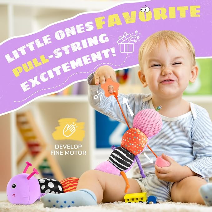 AWOTOY Baby Toys 6-12 Months Music Caterpillar,Stuffed Animals Infant Toys 0-3-6 Months,Teething Sensory Toys Tummy Time with Mirror Crinkle Rattle&Pull String for Boys Girls Gifts Birthday|Purple