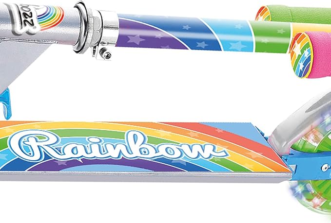 Ozbozz Rainbow Folding Scooter with Light-Up Wheels, Adjustable Height, Rear Brake, for Kids Ages 5 and Up - Portable Design