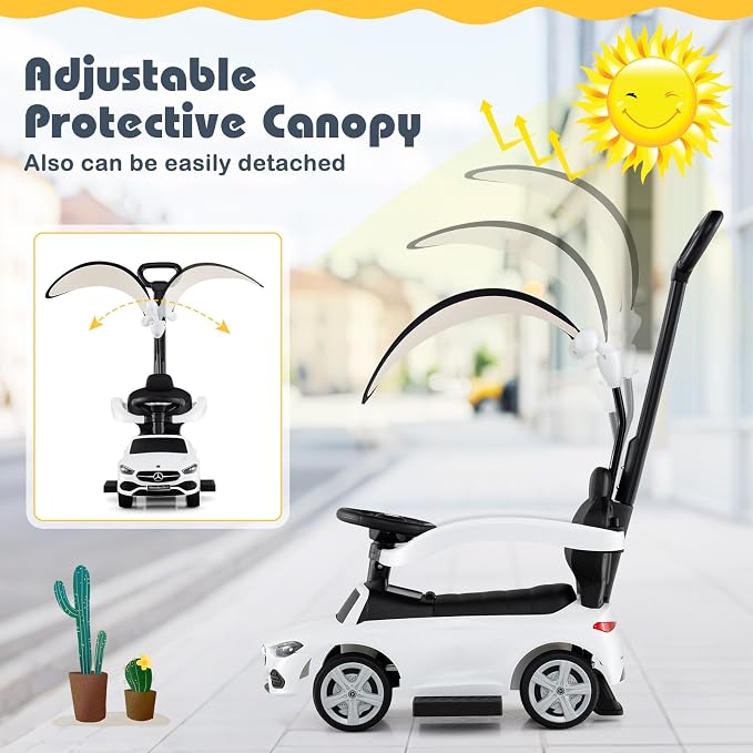Costzon Push Car for Toddlers, 3 in 1 Mercedes Benz Stroller Sliding Walking Car w/Canopy, Handle, Safety Bar, Horn Sound, Underneath Storage, Foot-to-Floor Ride On Toy for Boys & Girls, White