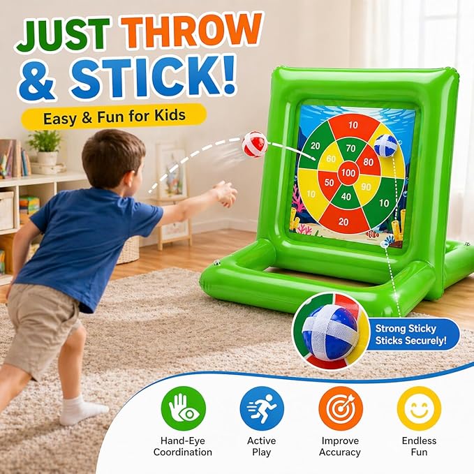 Pool Toys for Kids & Adults, 2-in-1 Dart Board and Tic Tac Toe Pool Game with 24 Sticky Balls, Family Summer Water Games for Backyard, Pool Party and Swimming Pool, Green