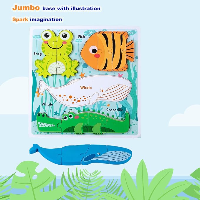 Montessori Toys Puzzle for 18-24 Month, Toddler Educational Wooden Jigsaw, Creature Matching & Sorting & Learning Toys for Ages 2-4