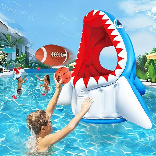 Shark Pool Toys, 3-in-1 Inflatable Pool Floats Basketball & Football & Head Hoop Swimming Pool Games, Summer Outdoor Water Games Beach Family Party Gift for Kids Boys Girls