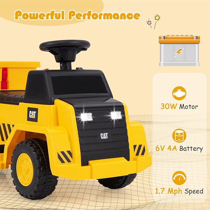 Costzon Ride on Dump Truck, 6V Licensed Caterpillar Ride on Construction Vehicle with Adjustable Dump Bed, Horn & LED Lights, Kids Gift Battery Powered Ride on Toy for Toddlers 18-36 Months