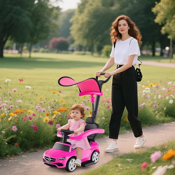 OLAKIDS Push Car for Toddlers, 3 in 1 Licensed Mercedes Benz Baby Sliding Walking with Parent Control Handle Adjustable Canopy Guardrail Under Seat Storage, Kids Ride on Toys with Horn (Pink)
