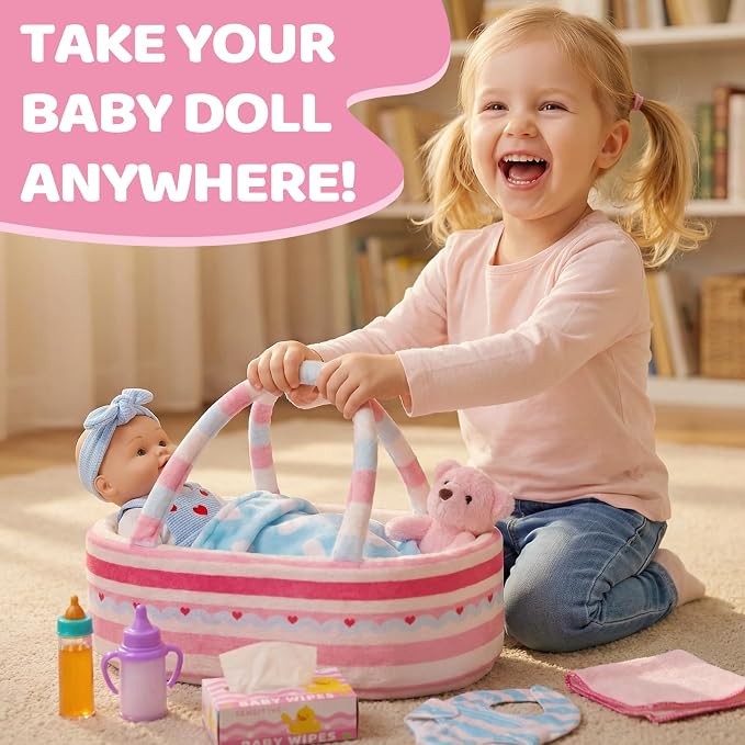 Uzoxlsn 15 Pcs Baby Doll Accessories with 12" Doll, Cotton Carrier Bassinet, Bedding, Feeding & Caring Set, Magic Bottle, Pacifier, Diaper, Blanket, Pretend Play Game Gift for Girls Age 3+ Toddler