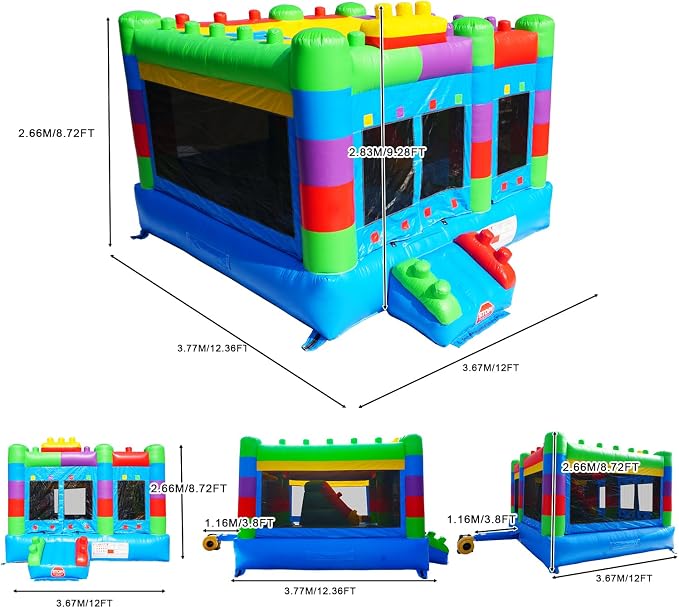 Semi Commercial Bounce House for Big Kids,Built-in Slide,PVC Material,for Backyard Outdoor Party,12.3'Lx 12'Wx 9.4'H (Building Block Ver2 with Blower)