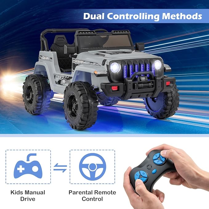 INFANS Ride on Truck Car, 12V Battery Powered Electric Vehicles with Parents Remote Control, 3 Speeds, Bluetooth Music Radio, LED Lights, Soft Start, 4 Wheels for Boys Girls Kids Toddler (Gray)