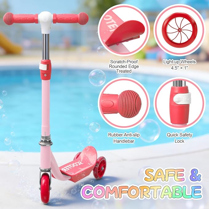 Scooters for Kids 3-5 Years Age 3-Wheel Light Up Scooter with Flexible Steer & 3-Adjustable Height for Boys Girls Outdoor Indoor Recreational Transport Blue Pink Orange