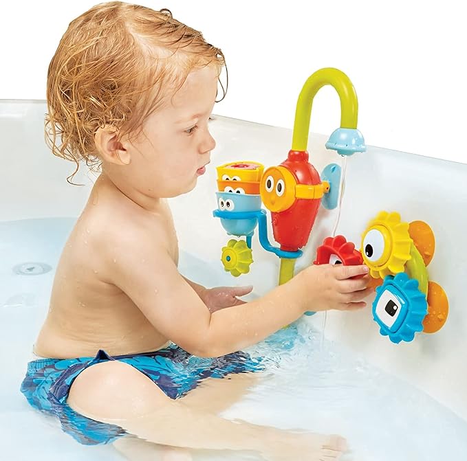 Yookidoo Bay Bath Toddler Toys (Ages 1-3) - 3 Stackable Cups, Spinning Gears, Hose & Spout for Water Play - Mold Free - Suction Cups Attach to Any Bath Tub or Shower - Spin N Sort Spout Pro