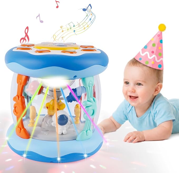 Baby Boy Toys 6-12 Months, Blue Babies Outer Space Projector Rotating Musical Light Up Tummy Time Toy 6-12 Months, Crawling Learning Infant Toy for Toddlers 1 2 3 Years Old Newborn Birthday Gifts