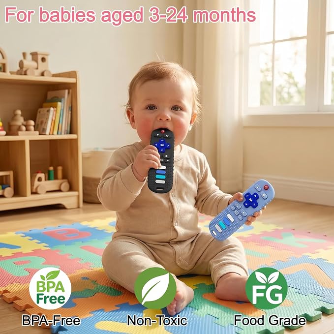 2Pcs Baby Teething Toys, BPA-Free Food Grade Silicone Baby Remote Control Teething Toy for 3-18 Months, Baby Remote Teether, Newborn Teething Relief TV Remote Shaped Toy (Black&Blue)