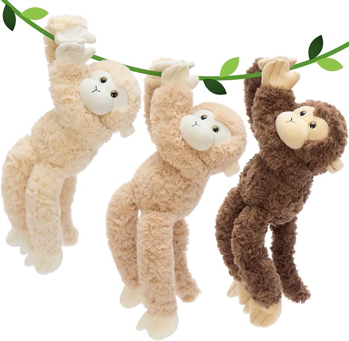 MorisMos 3Pcs Hanging Monkey Stuffed Animal Plush Toys, 16" Stuffed Monkey with Long Hands – Wearable & Huggable, Soft Cuddly Monkey Plushies for Home Decor, Christmas Birthday Gift for Kids Adults
