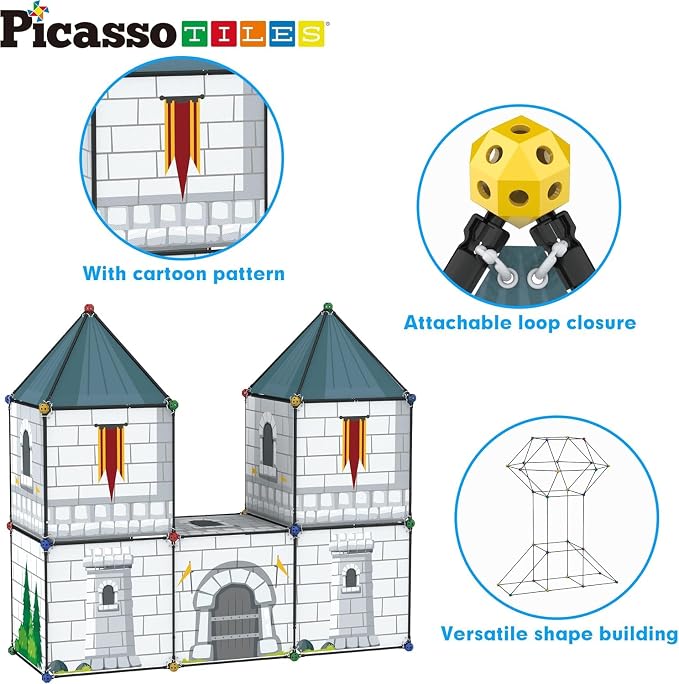 PicassoTiles Fort Building Kit 376 Pieces Kids STEM Educational Learning Construction Play Toy Indoor and Outdoor DIY Build Forts Castles Tents Playhouse with Cloth Cover Print Boy Girl Ages 5+ PTC126