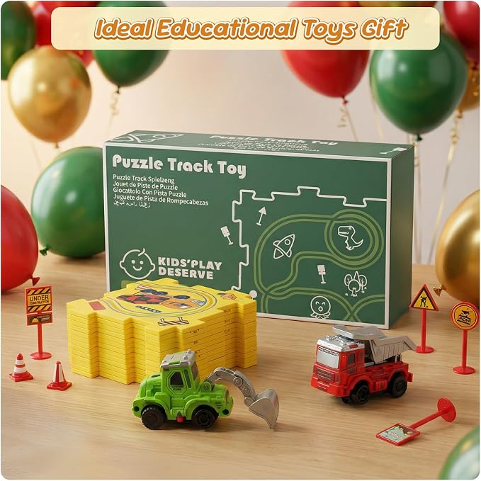 Plastic Puzzles for Kids Ages 3-5 with Toy Cars (Excavator + Dump Truck), Gift Toys for 3 4 5 6 Year Old Boys Girls, Toddler Puzzle Track Car Play Set, Critical Thinking Educational Toys