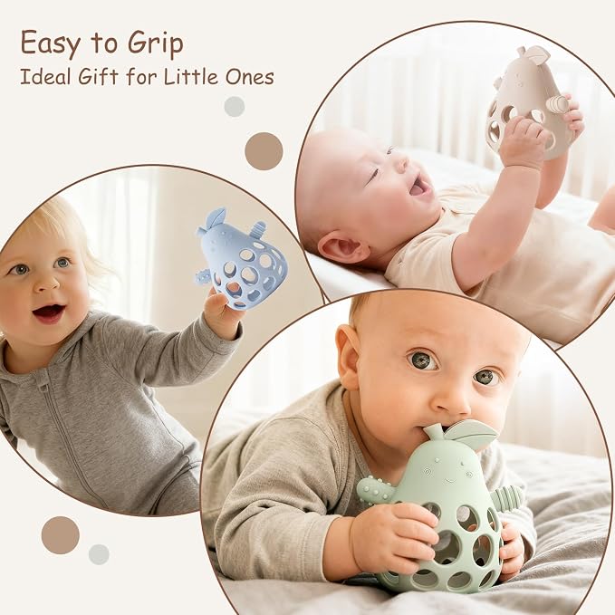 Baby Teething Toy Silicone Teether for Infants, Pear-Shaped Design with Easy-Grip Hole and Nipple-Shaped Ends for Gum Massage & Sensory Development, BPA-Free Safe Baby Chew Toy YIVEKO-Ivory+Blush