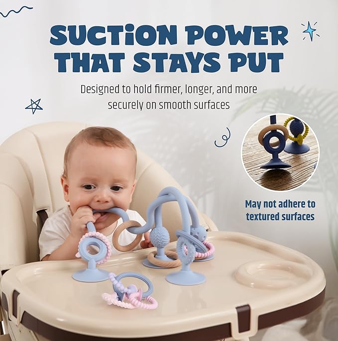 Jumble Jangle Baby Teething Toys – BPA-Free, Multi Purpose High Chair Toys & Sensory Toys for Kids with Autism: Suction Teething Relief with Sensory Toy Textures for Infants and Toddlers (Light Blue)
