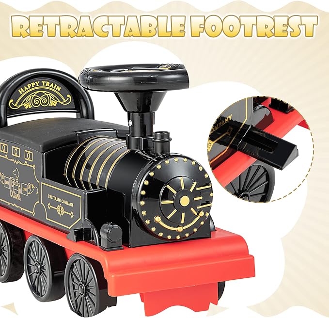OLAKIDS Kids Ride On Train with Track, 6V Electric Toy with Lights and Sounds, Retractable Footrest, Under Seat Storage, Christmas Theme Battery Powered for Toddlers Boys Girls (1 Seater, Retro)