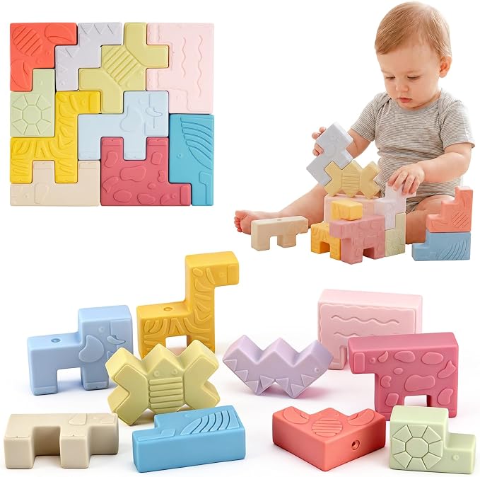 10 Soft Animal Stacking Blocks for Babies 6-12 Months, Montessori Toys for 1 2 Year Old Girls & Boys, Building Blocks Game Teething Toys for Babies Birthday Gifts, Shapes & Colors