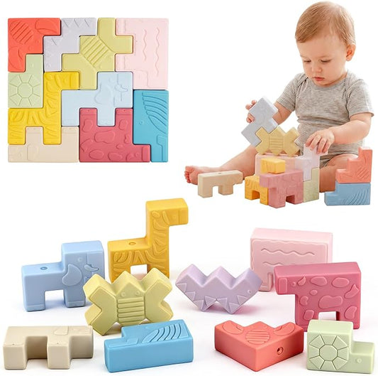 10 Soft Animal Stacking Blocks for Babies 6-12 Months, Montessori Toys for 1 2 Year Old Girls & Boys, Building Blocks Game Teething Toys for Babies Birthday Gifts, Shapes & Colors