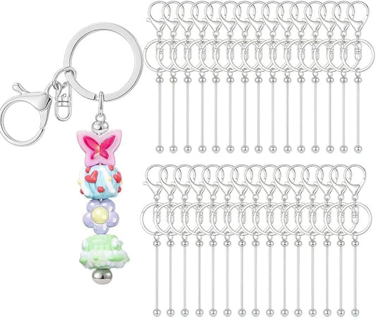 RQAYE 30pcs Beadable Keychains keychain bulk kit cute blank bead keychain strip DIY men's and women's making supplies crafts, jewelry, bag accessories, customized project gifts (Silver)