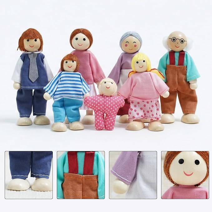 7PCS Wooden Dollhouse Dolls for Playing House Gifts for Children, Wood, Articulated Pretend Play Figures, Smooth Splinter-Free Wood, Montessori Family Set - 4.5In (Fashion)