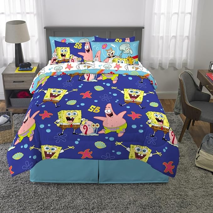 Spongebob Squarepants Kids Bedding Super Soft & Cozy Reversible Microfiber Comforter and Sheet Set with Sham, 7 Piece Queen Size, (Officially Licensed Product) By Franco