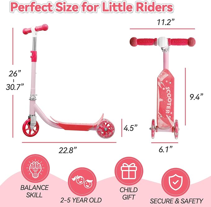 Toddler Scooter, Scooters for Kids Age 3-5, Boy Girl Gift 3-Wheel Kick Scooter with LED Light Up Wheels, Adjustable T-Bar Handle, Cute Deck, Safe Smooth Riding Outdoor, Max 100 lbs, Xmas Box Wrapped