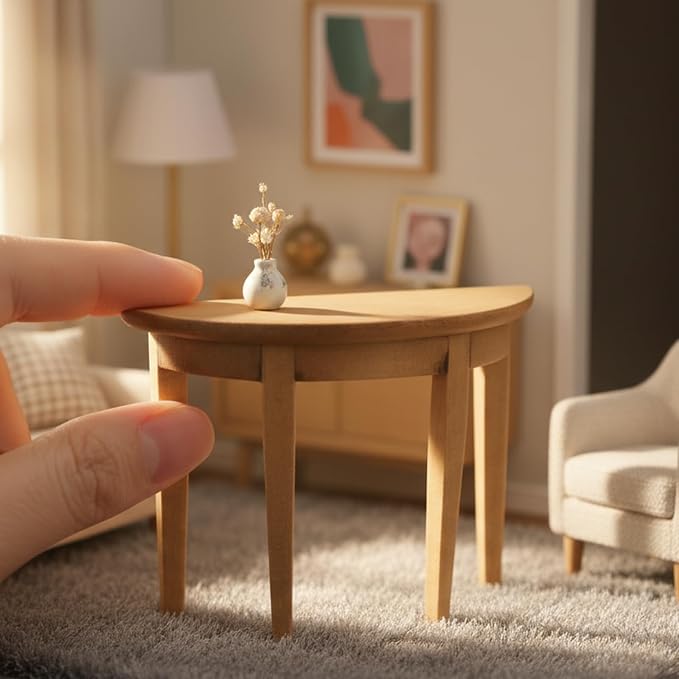 Miniature Half Moon Table Dollhouse Furniture 1/12 Scale for Living Room Bedroom Hallway, Entrance, Small Spaces, DIY Doll House Accessories (Woody)