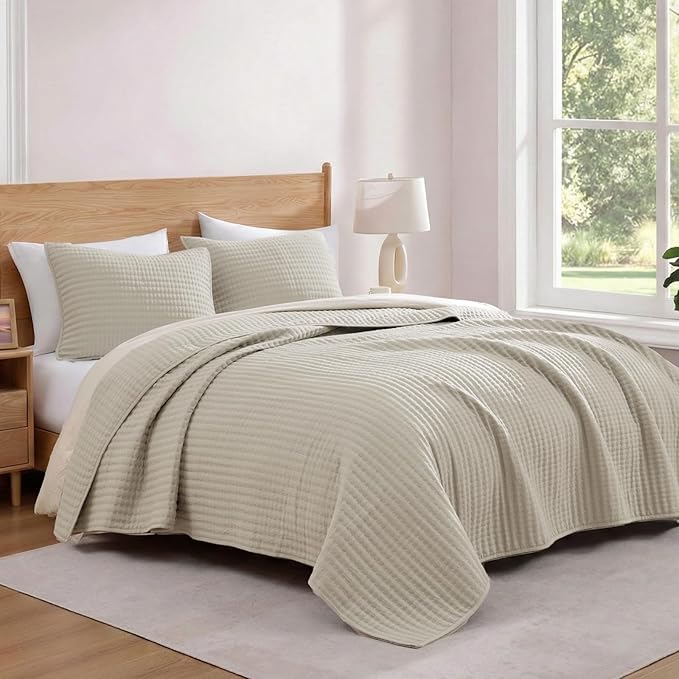 WRENSONGE Queen Quilt-3 Pieces Neutral Lightweight Bedspreads Light Oatmeal Queen Size Quilt Bedding Set for All Seasons, Soft Summer Coverlet with 2 Pillow Shams Suitable for Bed & Couch