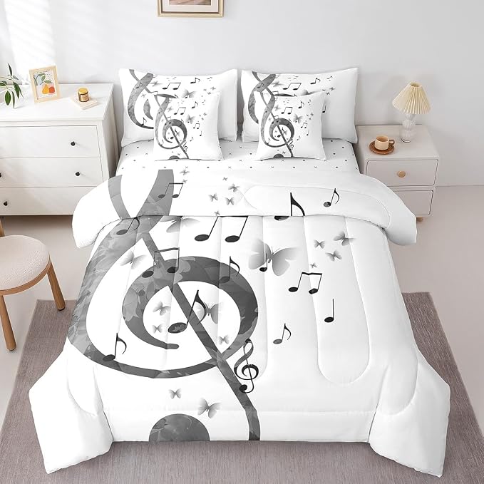 Feelyou Music Comforter Set with Sheets King Size Guitar Bed in a Bag for Boys Girls Teens White 7 Pieces Bedding Set Soft Lightweight Microfiber